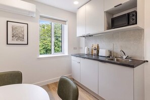 A modern kitchen with white cabinets, a black countertop, and a window with a view of greenery. - The Maycliffe - Bright Contemporary Studio (Torquay)