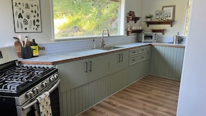 A kitchen with a gas stove, a sink, a window with a view of greenery, and a wall-mounted plant shelf.