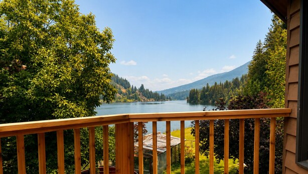A wooden deck with a view of a lake and mountains.