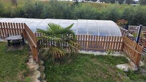 A greenhouse structure with a wooden fence surrounding it. - NEW! Vacation Rental on Schanzenbach (Hartha)