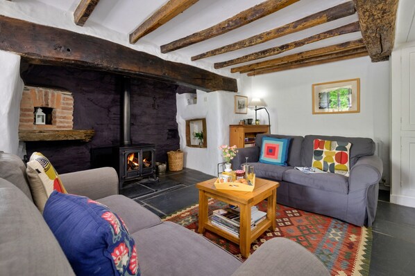 A cozy living room with a fireplace, a sofa, a coffee table, and a bookshelf. - Sea View Lyme Regis House for 9 (Blaenau Ffestiniog)