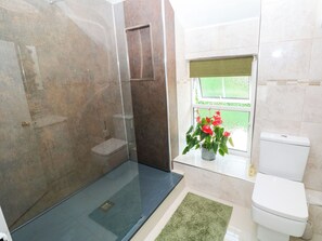 Ein Badezimmer mit Duschkabine, Toilette, einem grünen Teppich und einem Fenster mit Blick auf Grünflächen.