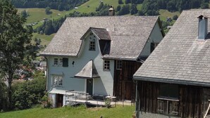 Ein traditionelles Chalet mit geneigtem Dach, umgeben von einer üppigen grünen Landschaft und Bergen im Hintergrund.