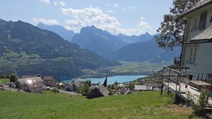 Eine Rasenfläche mit einem Metallstuhl, einem Haus und Blick auf einen Berg.