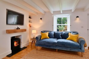 A living room with a blue sofa, a fireplace, a television, and a window with a view of greenery. - Refined Cornish Heritage Cottage for 3 (Penzance)
