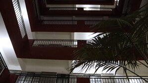 Een meerlaags gebouw met balkons en een palmboom op de voorgrond.