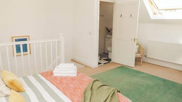 A bedroom with a bed, a green rug, a white door leading to a bathroom, and a skylight.