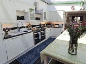 A modern kitchen with white cabinetry, a black countertop, and a blue patterned rug. - The Garden Rooms (Narberth)
