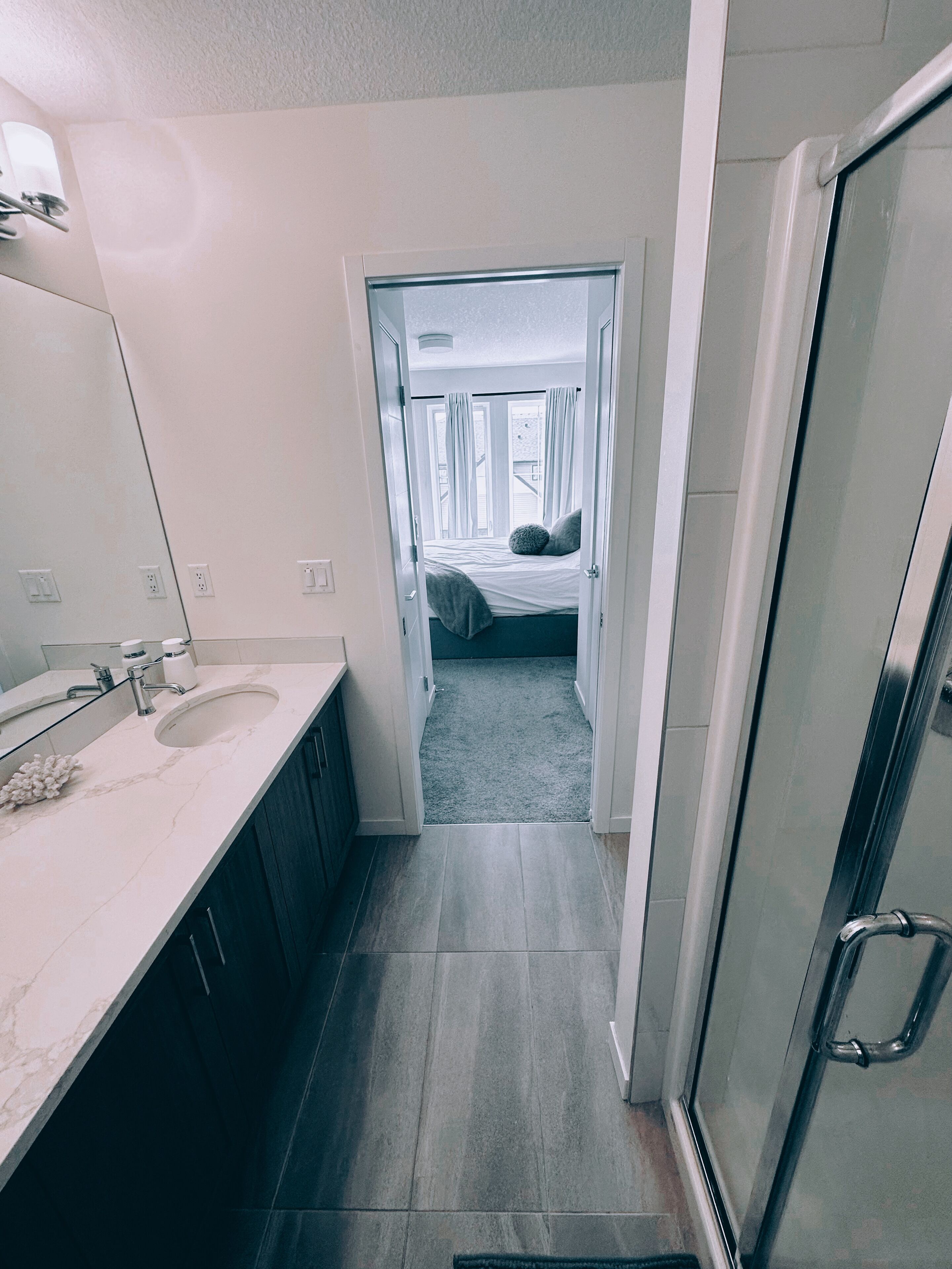 Shower, towels, soap, toilet paper