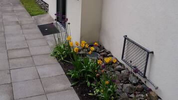 A paved walkway leading to a building with a number 9 sign, a small garden with yellow and purple flowers, and a metal fence.