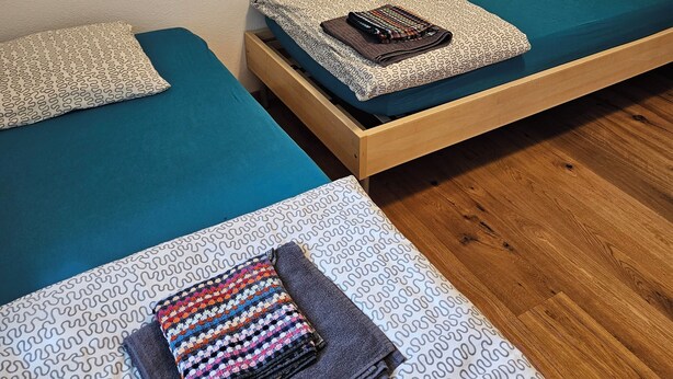 Habitación con dos camas individuales, cada una con ropa de cama y almohadas estampadas, piso de madera y dos marcos de cuadros en la pared.