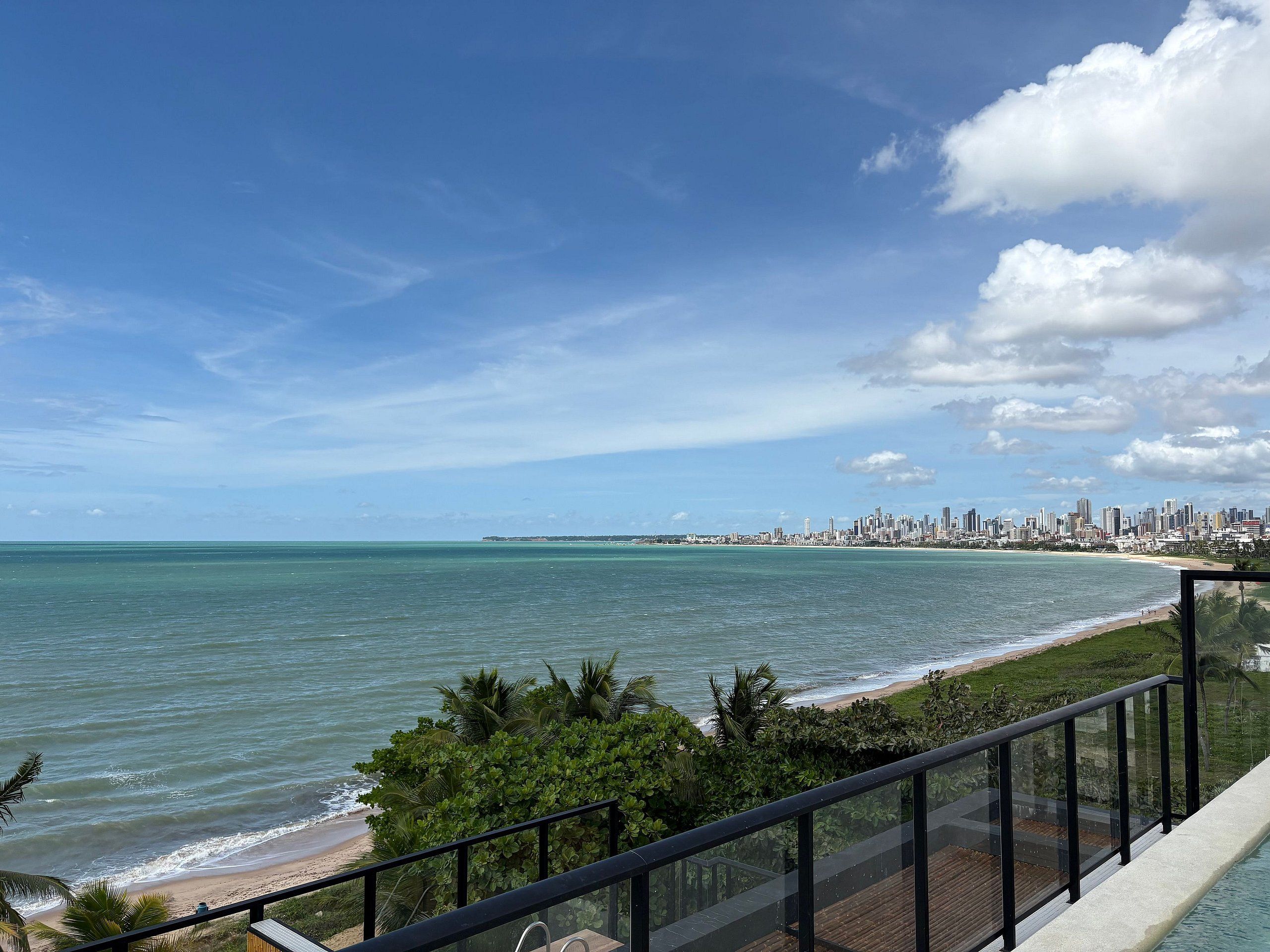 Un paisaje urbano costero con vista despejada al océano y a la playa.