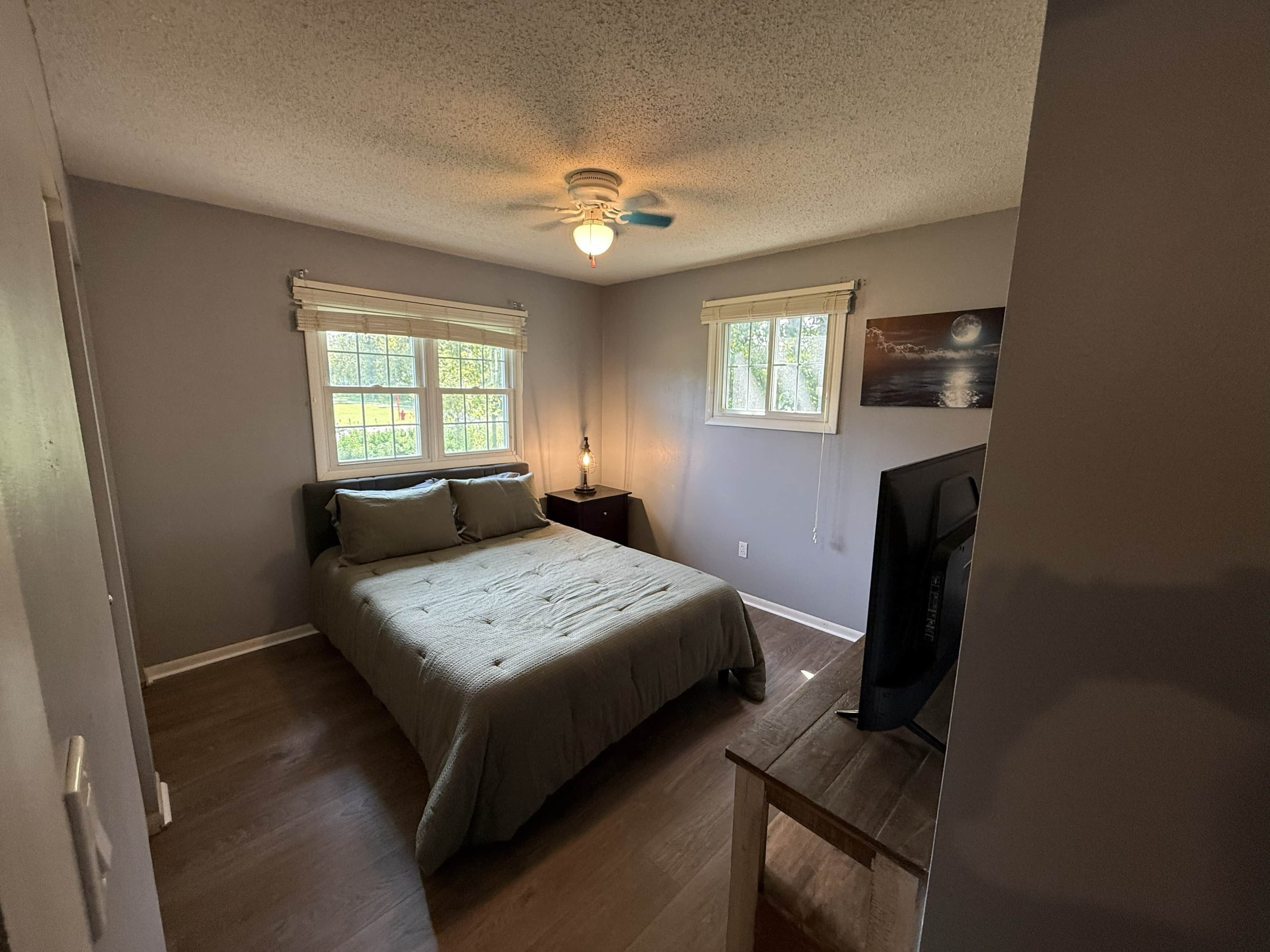 A bedroom with a bed, two windows, a ceiling fan, and a television.