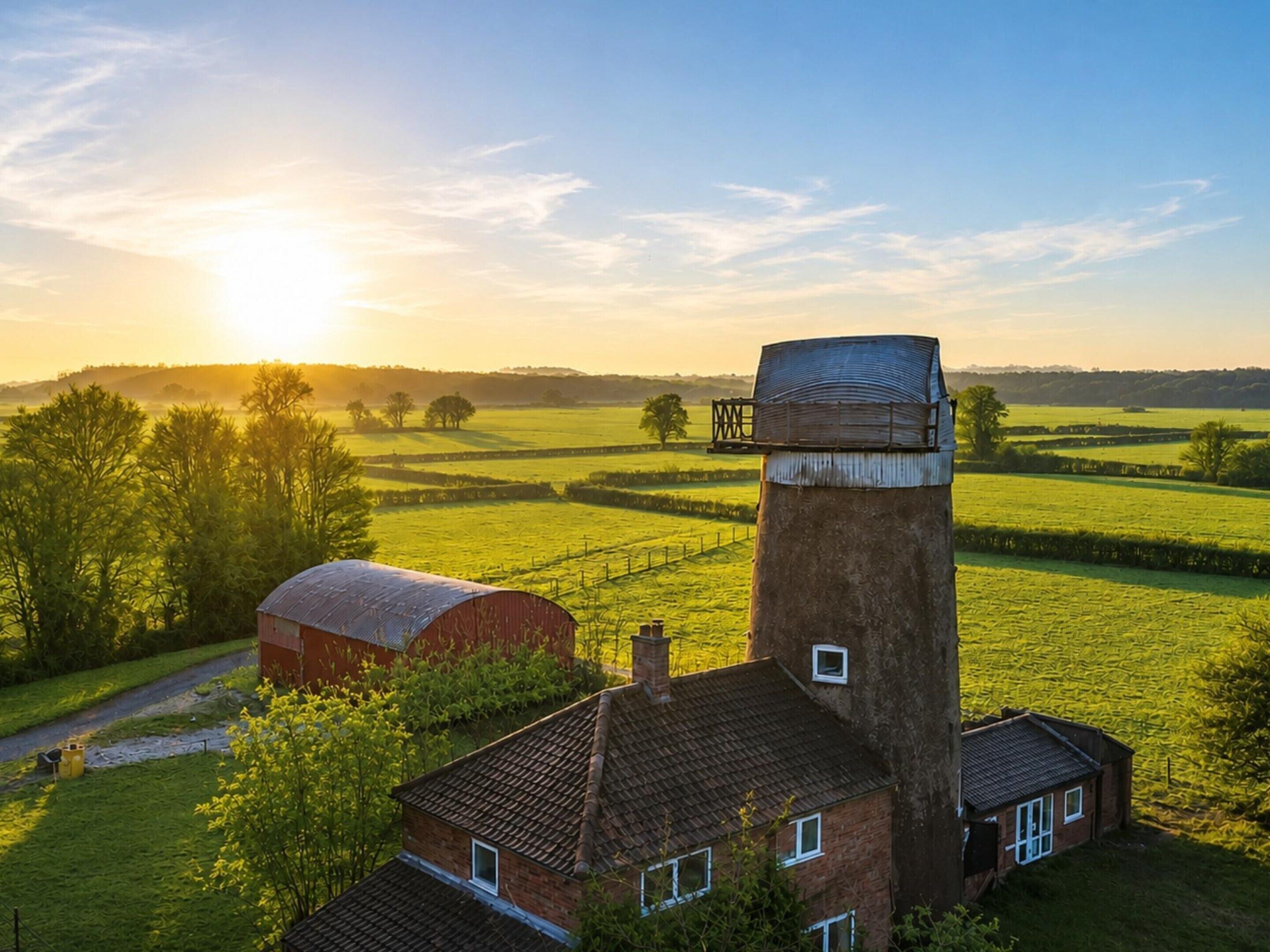 Un paysage rural avec une grande tour à grain, une grange et une maison d’où l’on peut admirer les champs.