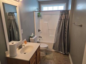 A bathroom with a toilet, sink, mirror, and shower curtain. - CORP HOUSING:::
Spacious 5-bedroom house in amazing Winston-Salem with AC (Winston-Salem)