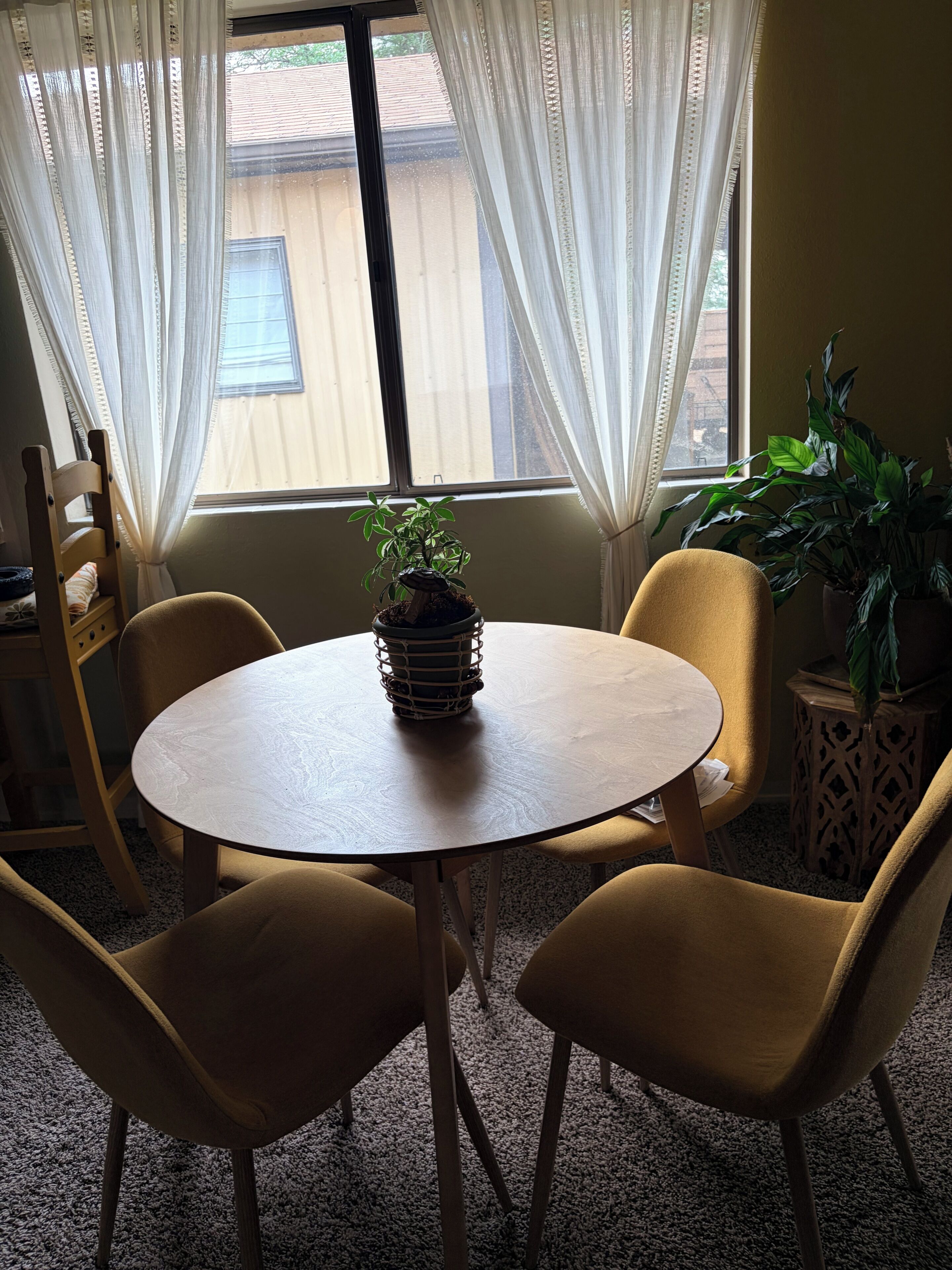 A room with a round wooden table, two yellow chairs, a potted plant, and a window with sheer curtains.