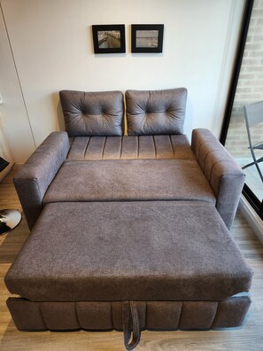 Una habitación con un sofá cama gris, dos cuadros en la pared y una ventana con vistas.