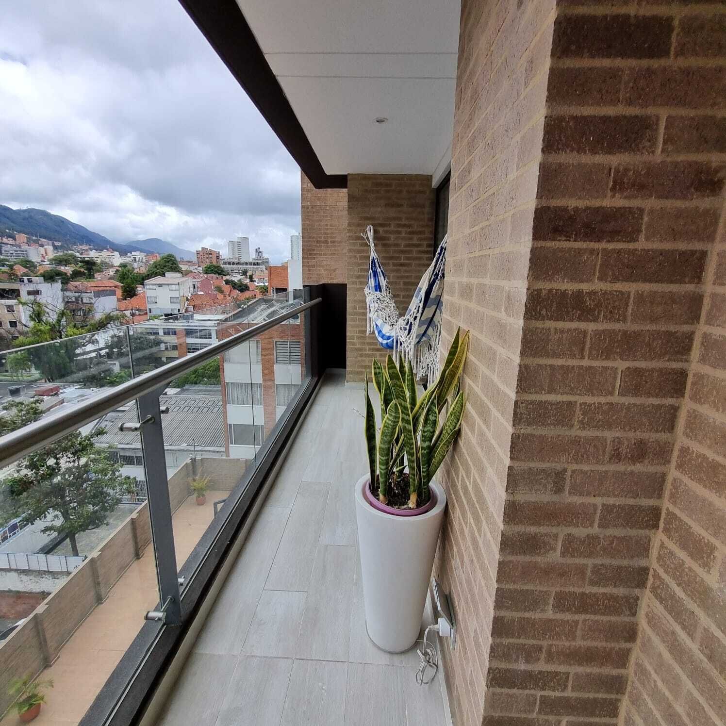 A balcony with a potted plant, a hammock, and a view of the cityscape.
