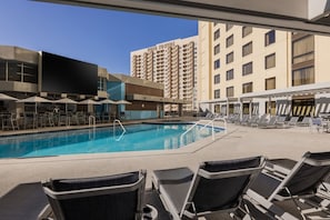Ein Hotelpoolbereich mit Liegestühlen und Sonnenschirmen, ein großes Gebäude im Hintergrund und ein strahlend blauer Himmel.