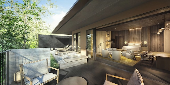 A modern hotel room with a large bed, seating area, and a view of the outdoors. - HOTEL THE MITSUI HAKONE, a Luxury Collection Hotel & Spa (Hakone)