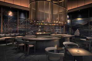 A bar area with a curved counter, seating arrangements, and a cityscape mural on the walls. - HOTEL THE MITSUI HAKONE, a Luxury Collection Hotel & Spa (Hakone)