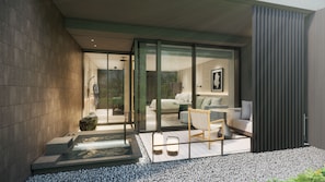 A modern interior with a glass door leading to a bedroom, a small outdoor seating area, and a hot tub. - HOTEL THE MITSUI HAKONE, a Luxury Collection Hotel & Spa (Hakone)