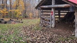 A rustic cabin with a red roof, surrounded by a forest with autumn-colored trees. - Boiler Room - Cozy log cabin at Haliburton Forest. (Dysart and Others)