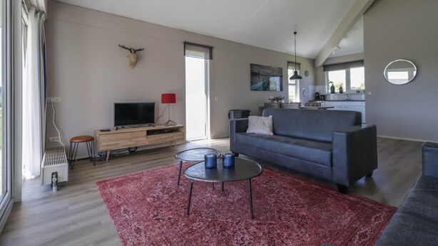 A modern living room with a grey sofa, a red rug, a TV, and a wall-mounted deer head. - Compact Waterfront Wellness Bungalow (Makkum)