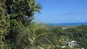 A swimming pool with a view of a coastal landscape, surrounded by lush greenery and a clear blue sky. - Hilltop Getaway With Huge Terrace (Fajardo)