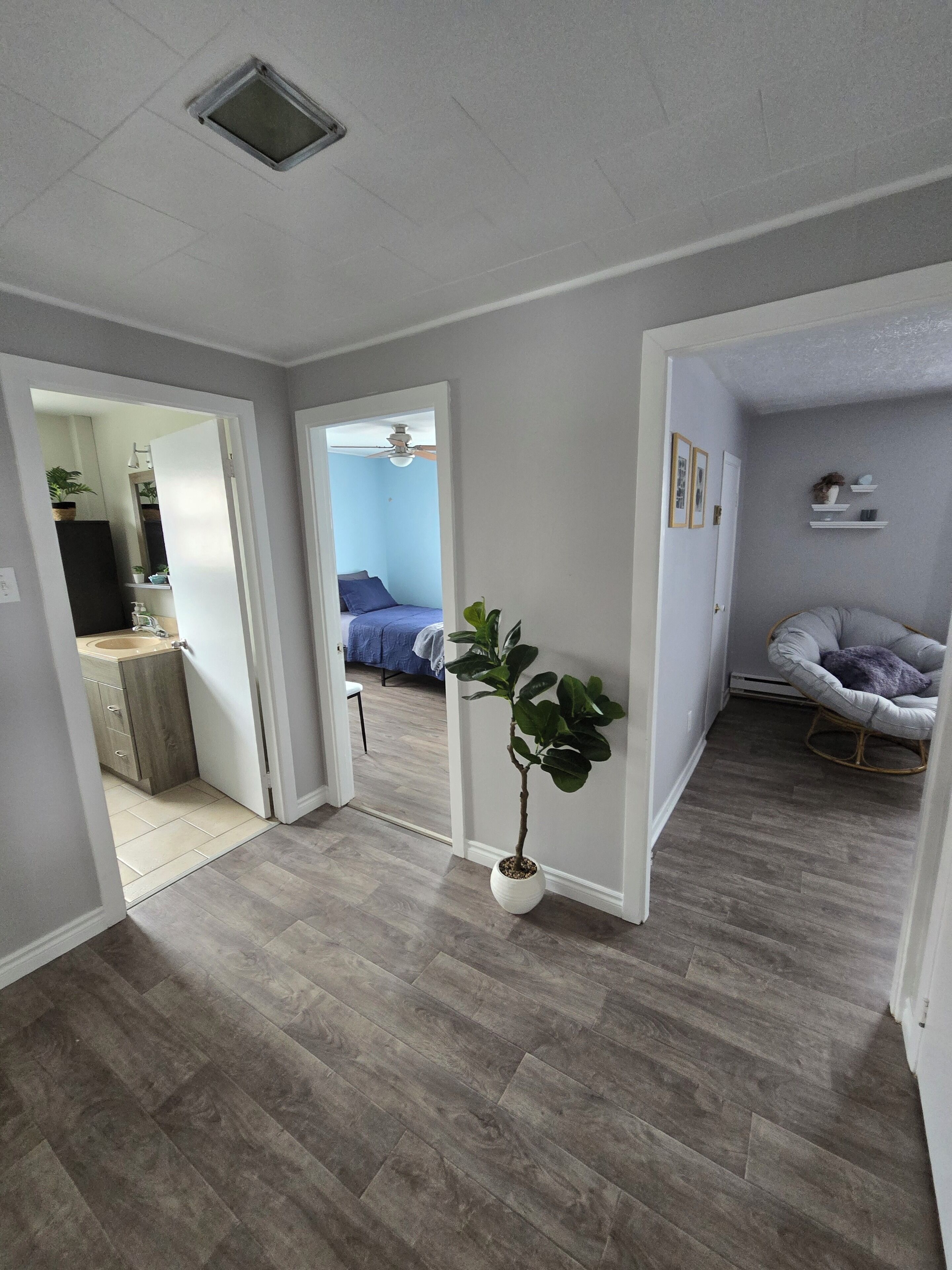 A room with a grey tiled floor, a white door leading to another room, a potted plant, and a grey rocking chair.