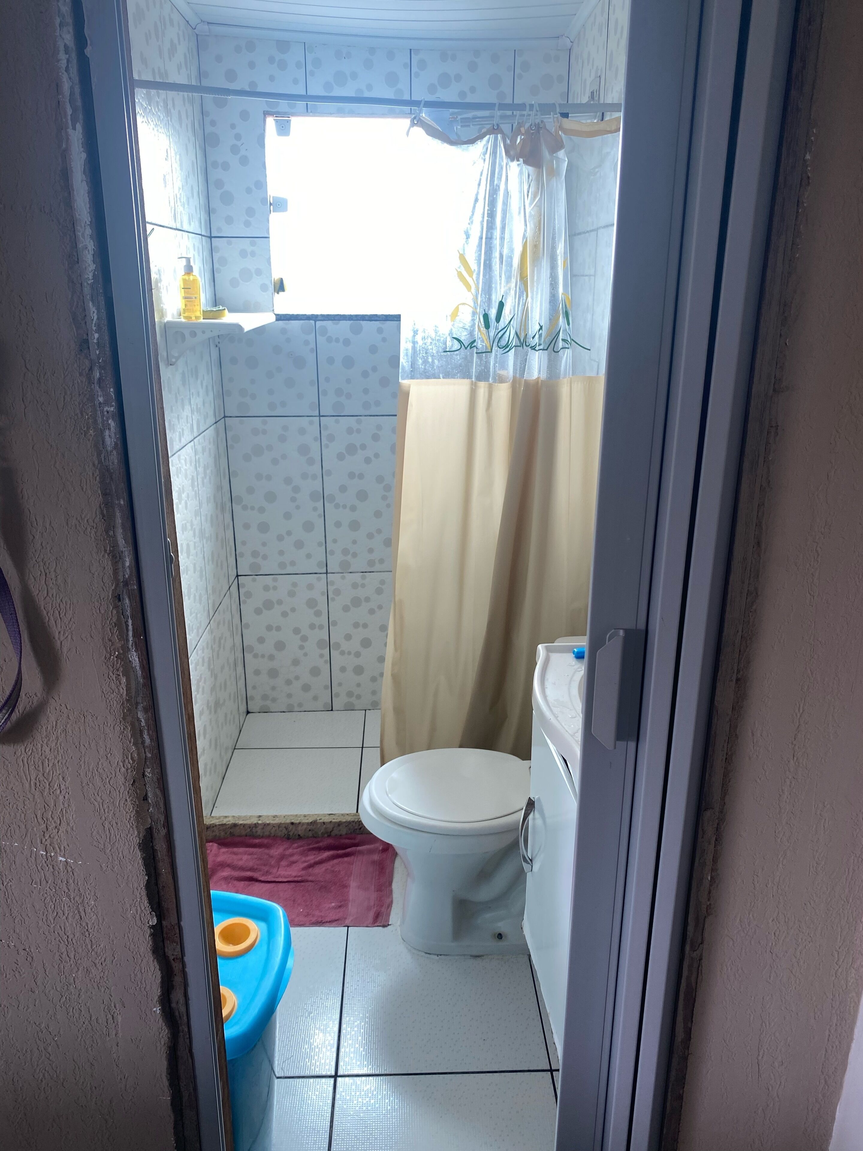 A small bathroom with a toilet, a shower curtain, and a window.
