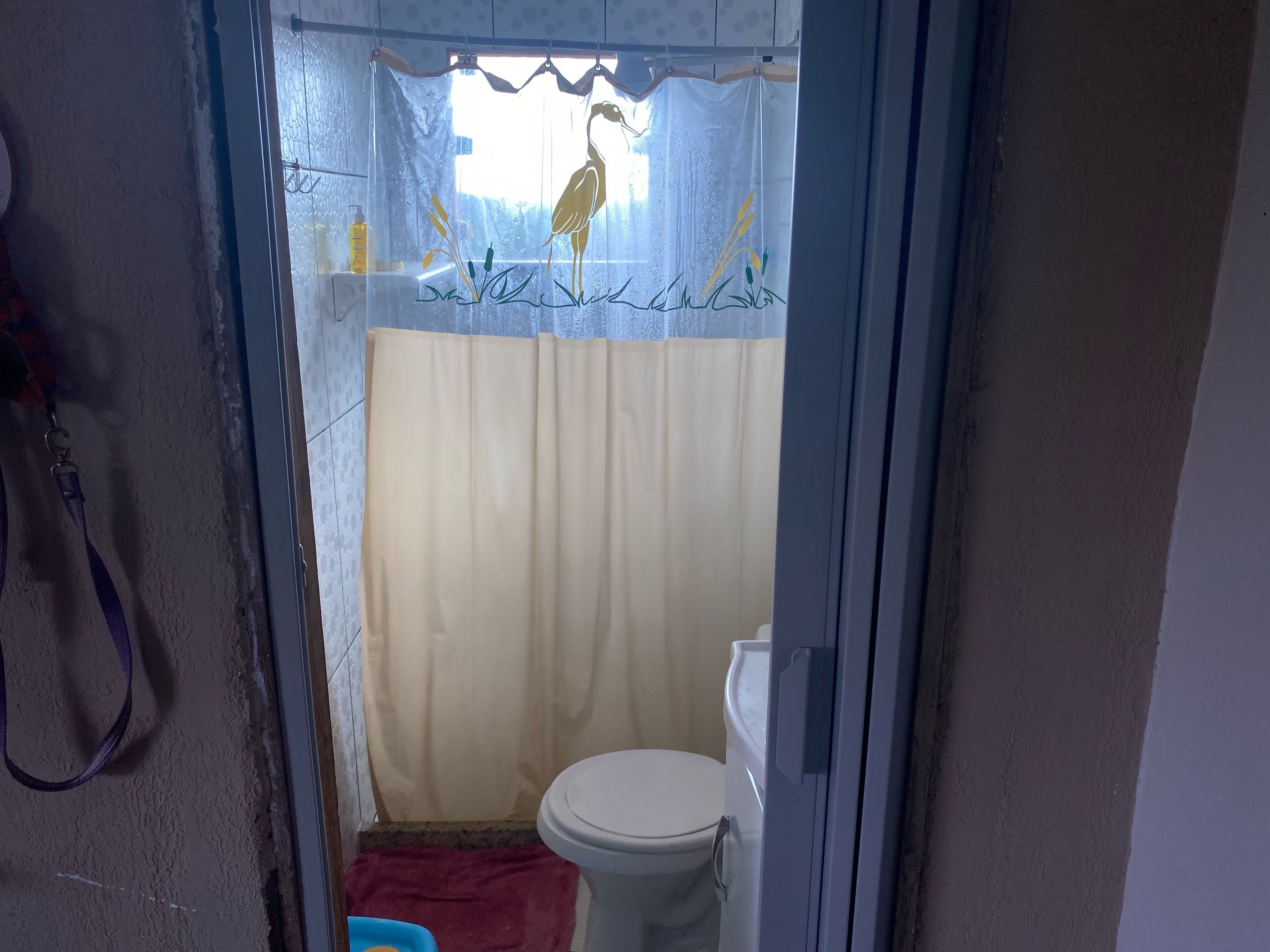 Une salle de bain équipée de toilettes, d’un rideau de douche et d’un porte-serviettes.
