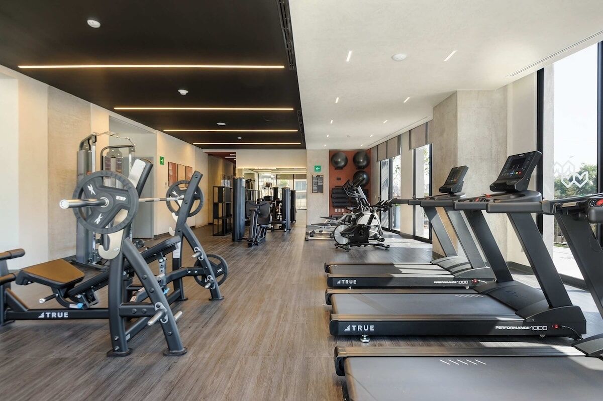 A modern gym with treadmills, weight machines, and exercise balls.