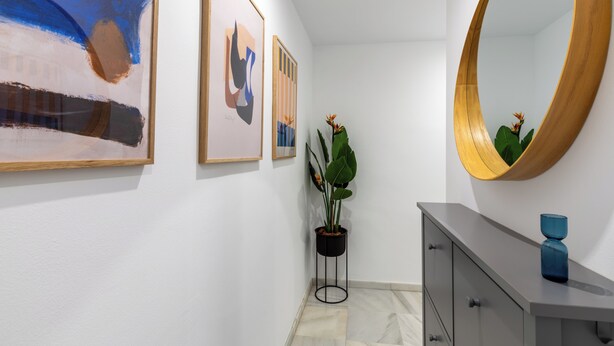 Un couloir orné de tableaux encadrés, avec une plante en pot, un miroir et un meuble gris.