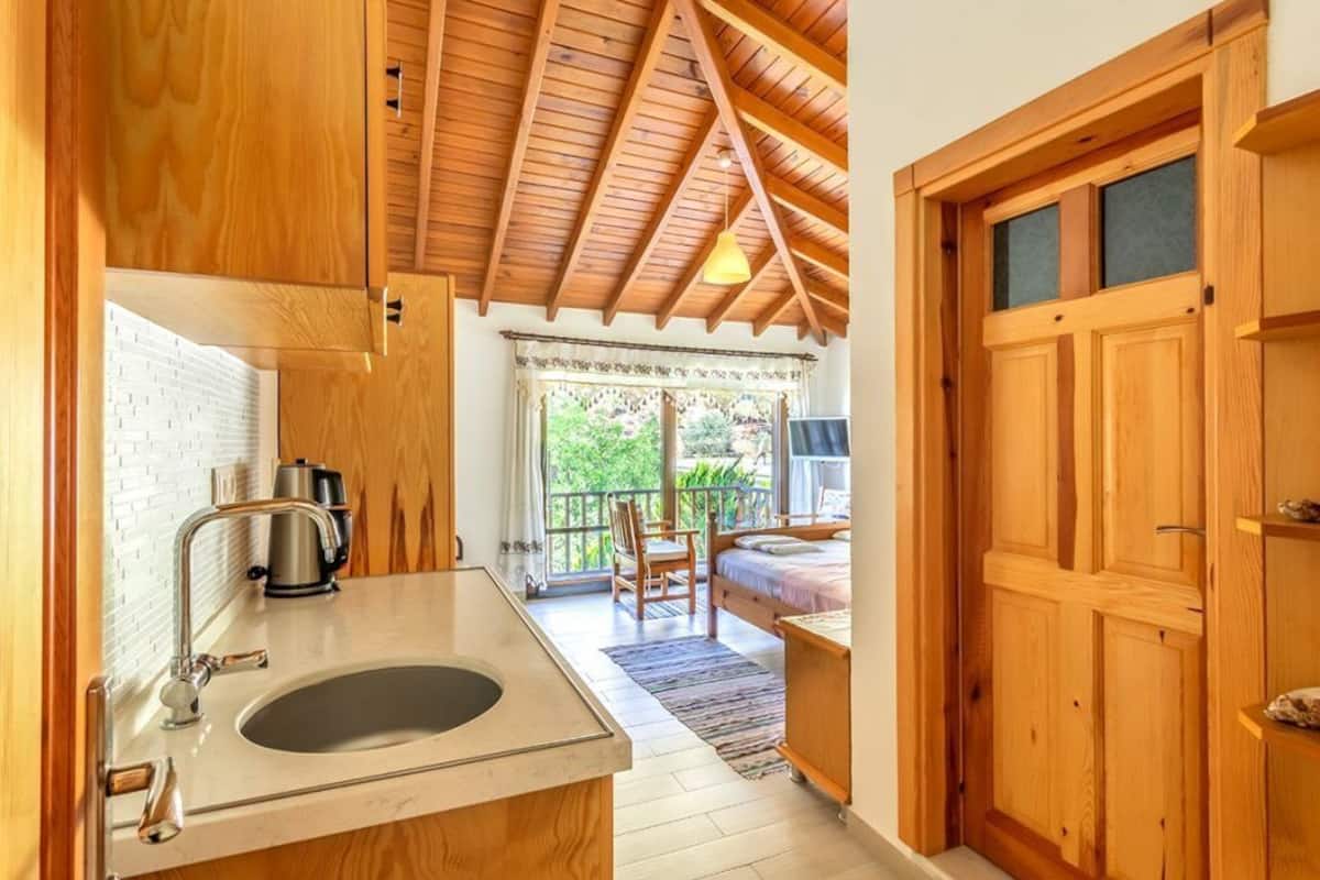 Una cocina compacta con un lavamanos, una cafetera y armarios de madera.