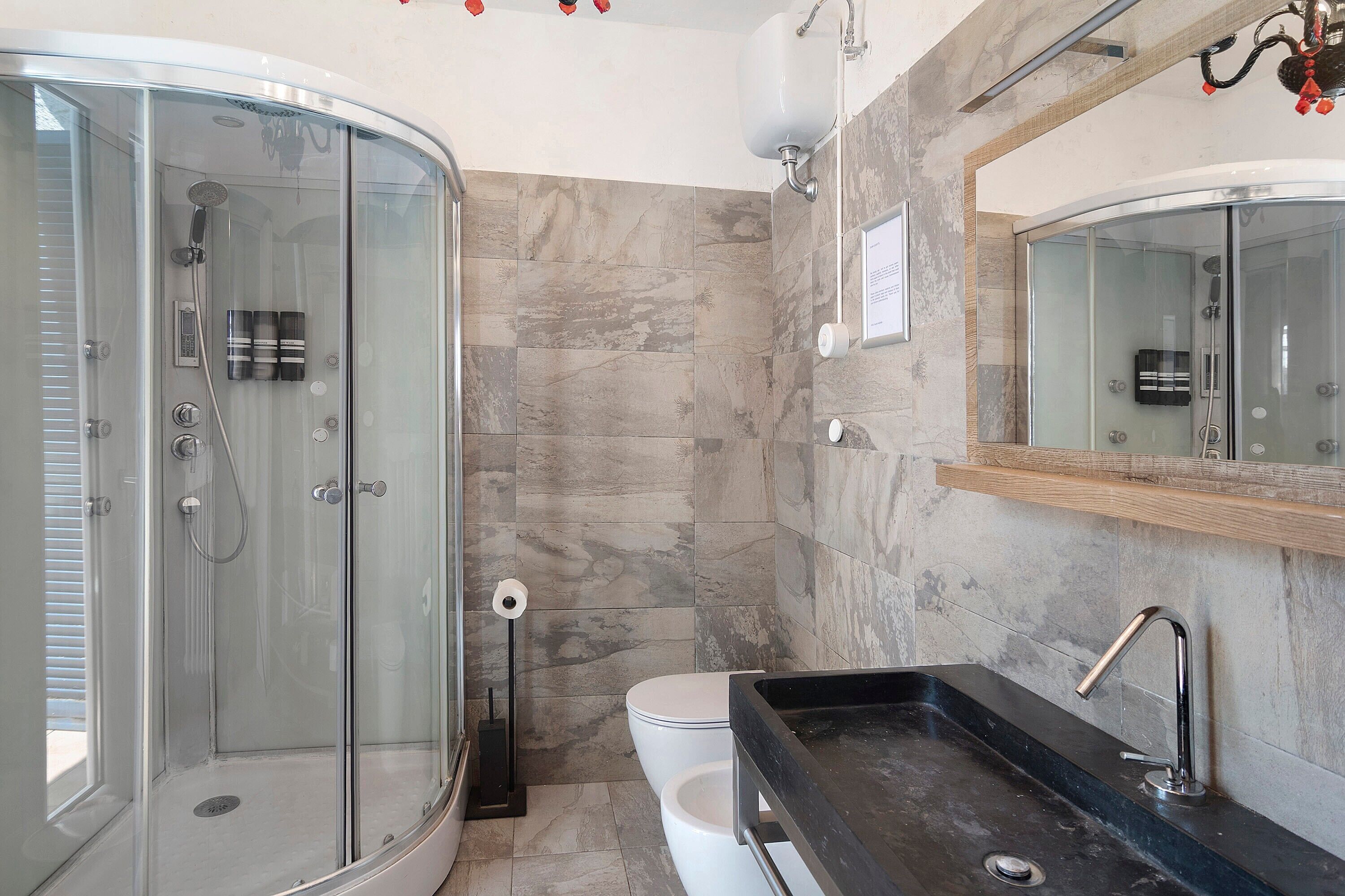 Shower, hair dryer, towels
