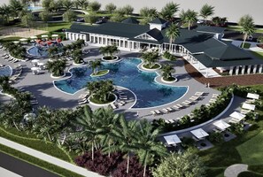 A resort with a large central pool, multiple smaller pools, and a clubhouse. - Special Offer! Near Disney/Themed BR/Pool/SPA 16276 (Clermont)
