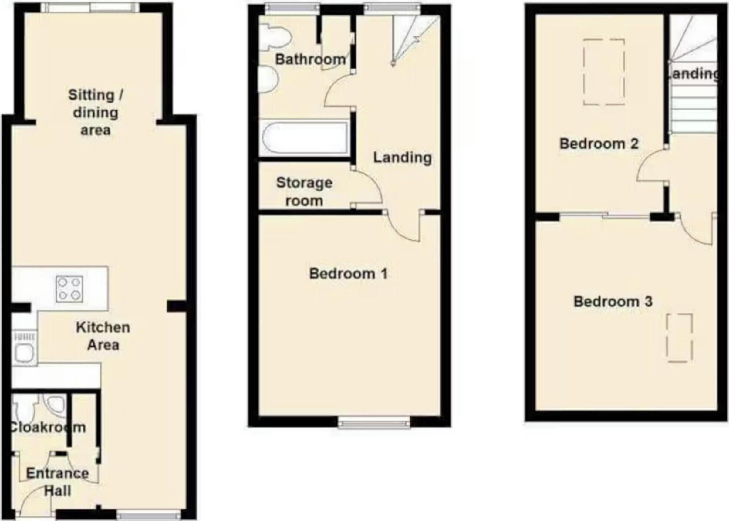 A floor plan with a sitting/dining area, kitchen, cloakroom, entrance hall, bathroom, landing, storage room, and three bedrooms.