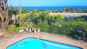 A swimming pool with a view of the ocean and tropical vegetation.