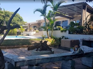 A pool area with a wooden bench, a dog, and a house with a covered patio.