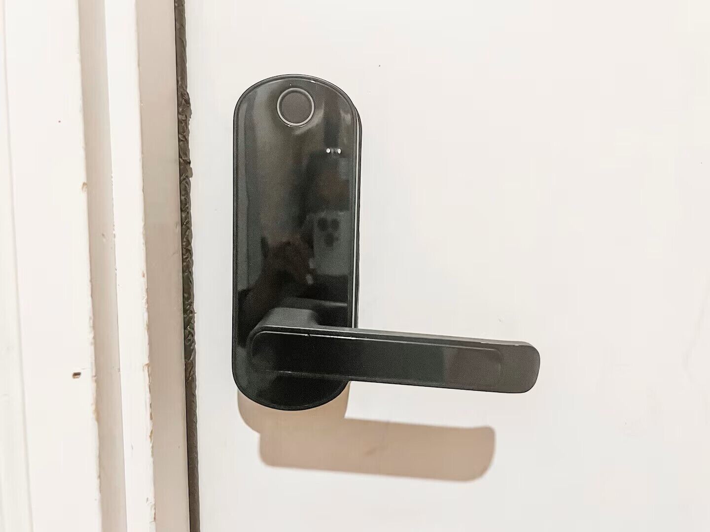 A door with a black handle and a circular lock mechanism.