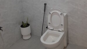 Moderni kylpyhuone, jossa on wc, ruukussa oleva kasvi ja käsijohteen.