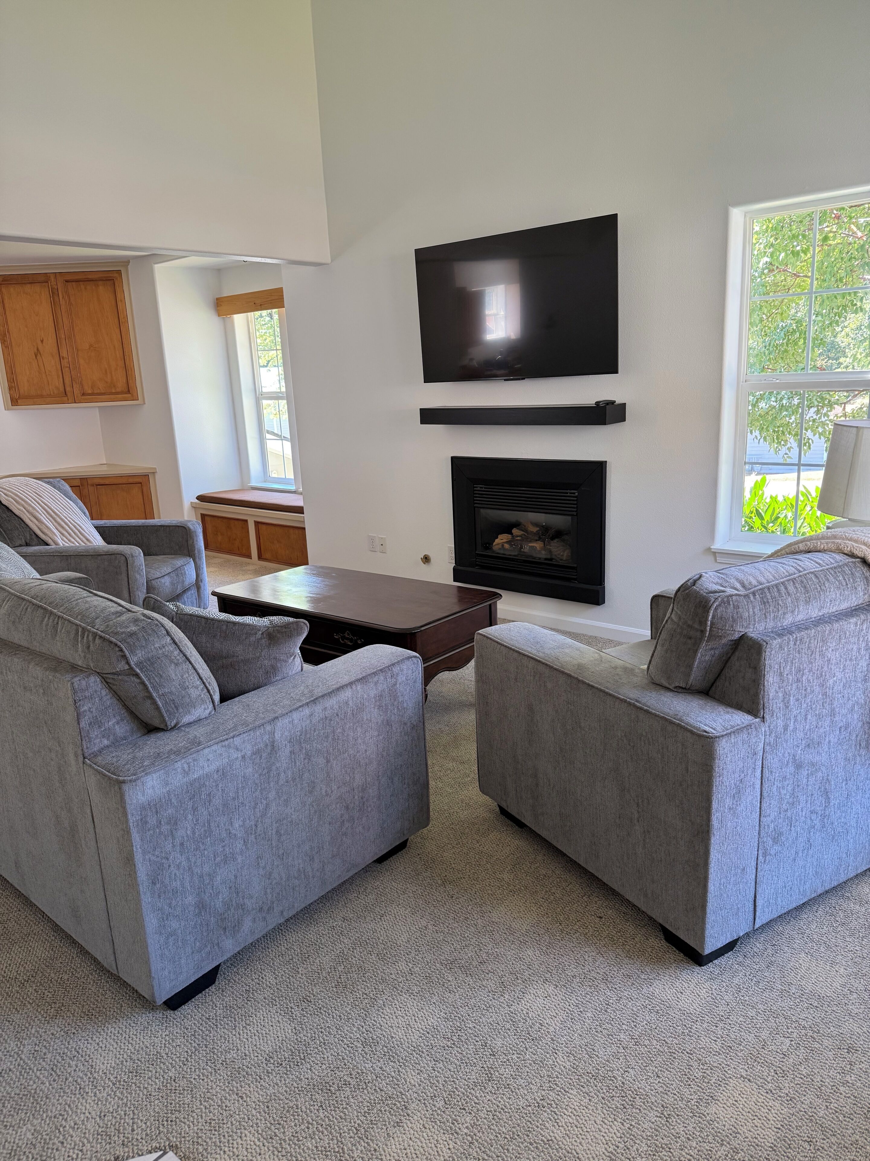 A living room with two grey sofas, a coffee table, a flat-screen TV, a fireplace, and a window with a view of greenery.