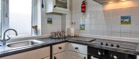 A kitchen with white cabinets, a stainless steel sink, a stove, and a fire extinguisher.