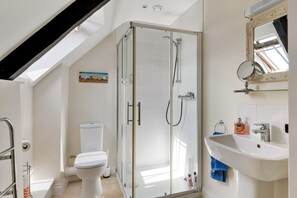 A modern bathroom with a glass-enclosed shower, a white toilet, and a sink with a mirror. - River Avon Stay for Four (Totnes)