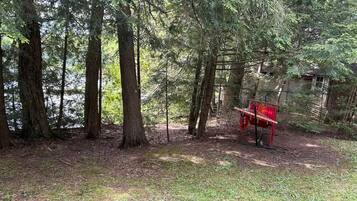 A forested area with a red bench and a small structure in the background.