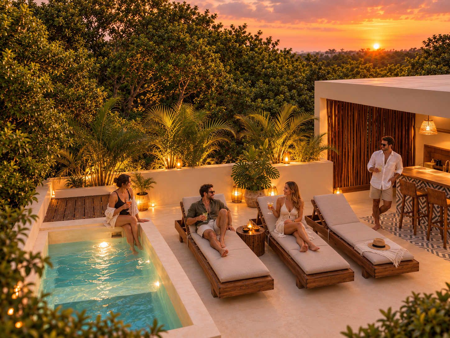 A poolside area with lounge chairs and a pool, surrounded by greenery and a sunset view.