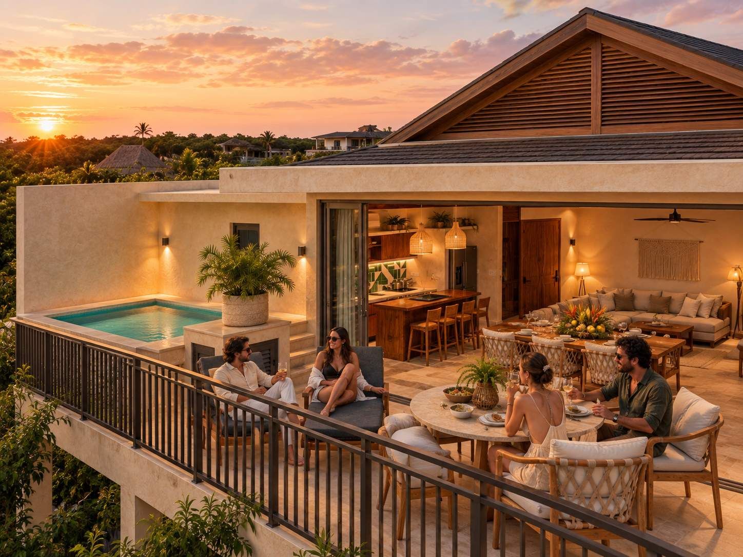 A modern outdoor living area with a pool, dining space, and a covered seating area.