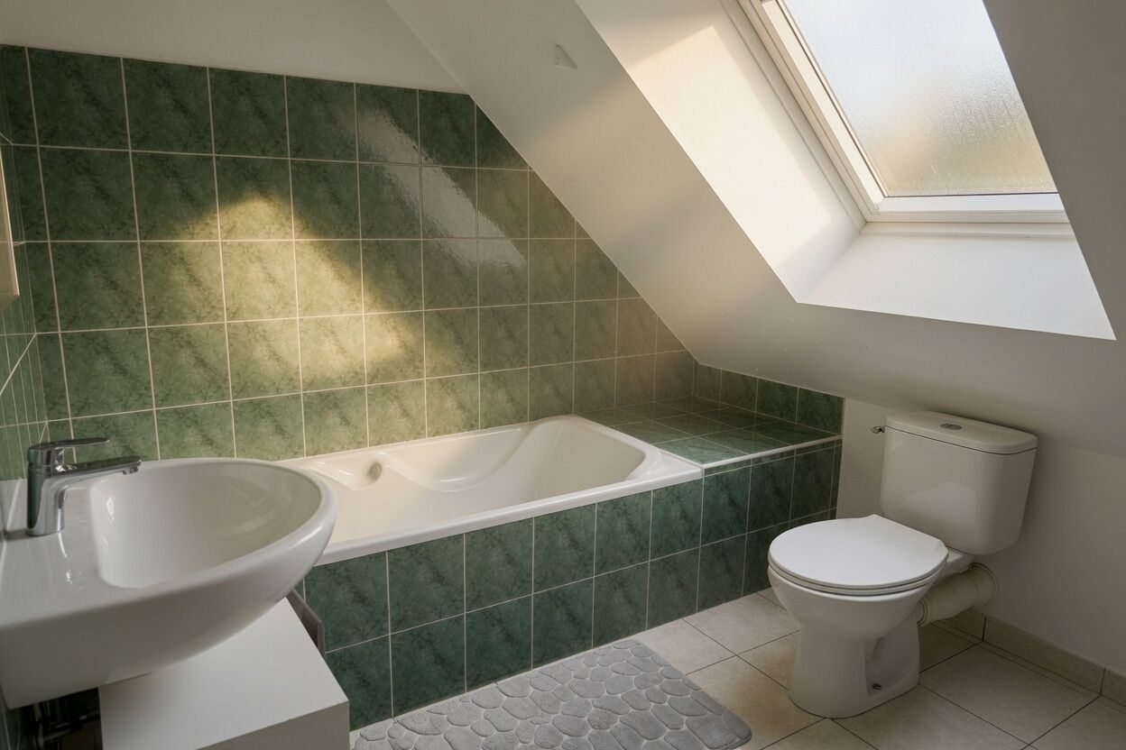 Ein Badezimmer mit Dachfenster, einer Badewanne, einer Toilette und einem Waschbecken.
