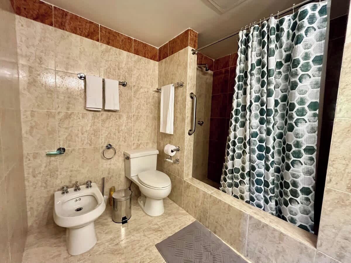 Shower, hair dryer, shampoo